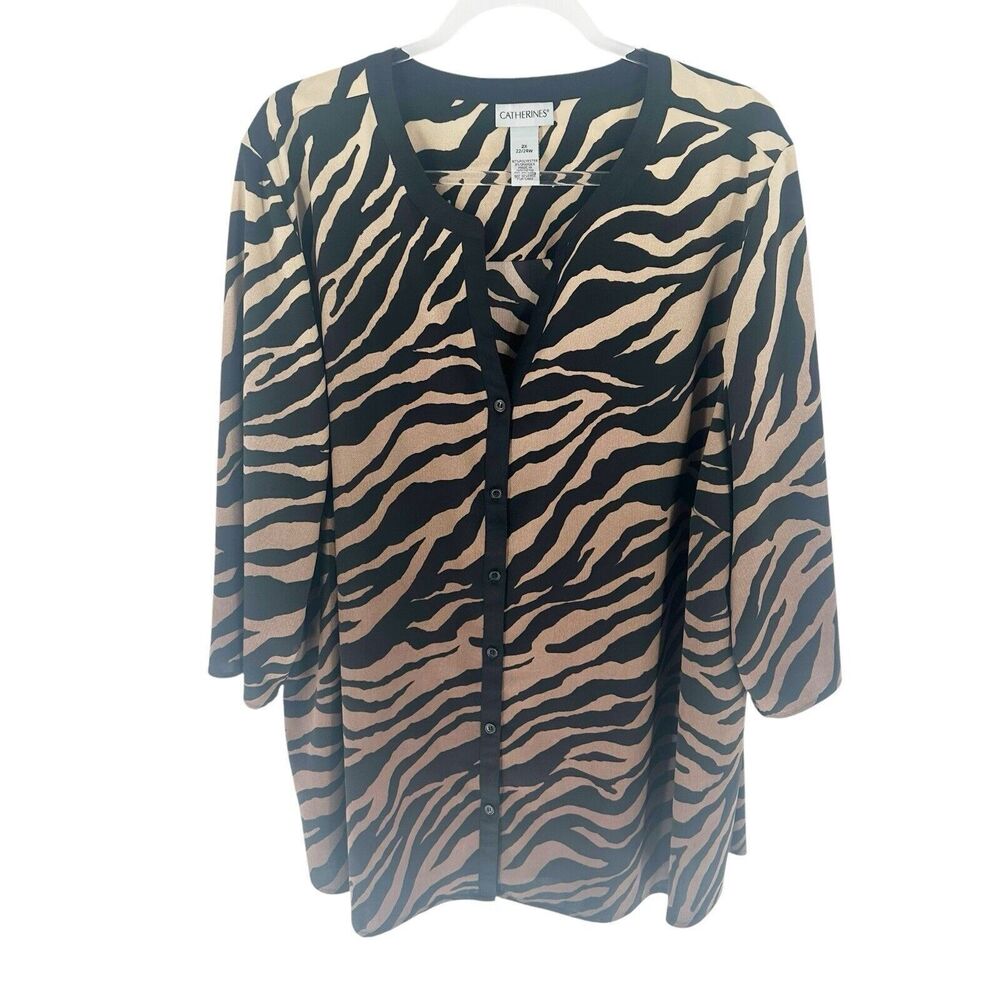 Catherines Top Womens Plus 2X Black Gold Animal Print Tunic Blouse Roll Tab